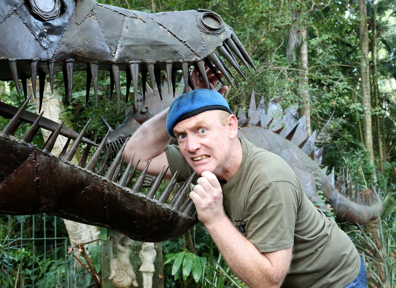 Hamming it up with one of the dinosaurs in the magical Ammazulu Garden and Sculpture Precinct in Kloof – home to more than 125 enormous artworks – is actor Aaron McIlroy who is performing a fun new show with Lisa Bobbert: Go Big now on at the Seabrooke’s Theatre.