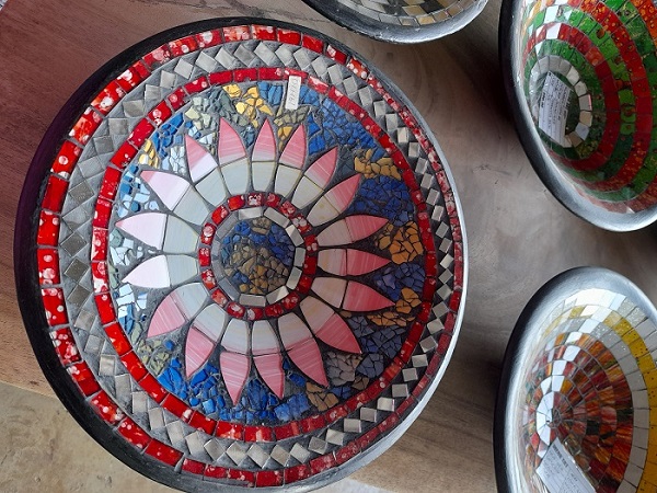 A beautiful range of hand mosaic bowls in rainbow colours.